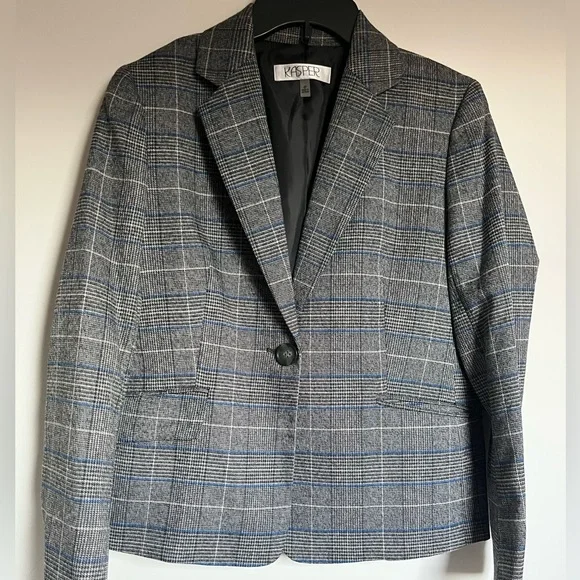 NWOT Kasper Women's Gray Blue Houndstooth Plaid Lined Blazer 4 P - Picture 5 of 12